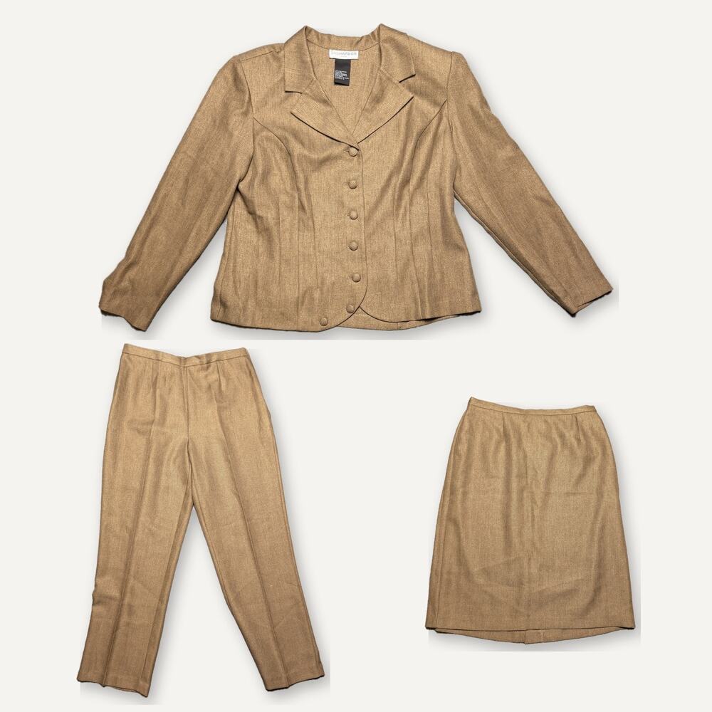 Sag Harbor Womens 16 3 Piece Suit Set Jacket Skirt Pants Tan Herringbone Career